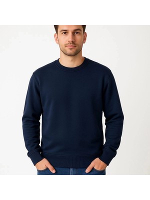 İlk El Grup Erkek 3 Iplik Pamuklu Düz Bisiklet Yaka Sweatshirt - Lacivert