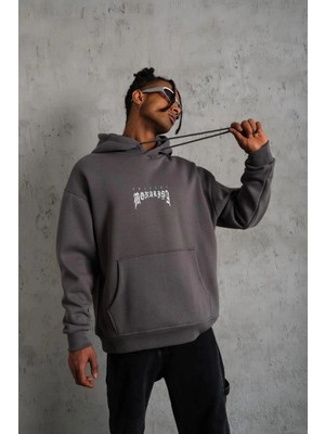 İlk El Grup Erkek 3 Iplik Pamuklu Kapüşonlu Baskılı Cepli Oversize Sweatshirt Hoodie - Gri