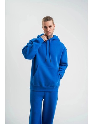 İlk El Grup Erkek 3 Iplik Oversize Kapşonlu Basic Sweatshirt Hoodie - Mavi
