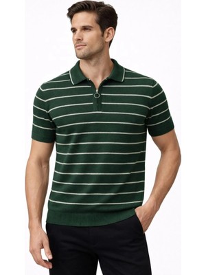 İlk El Grup Erkek Triko Polo Yaka Fermuarlı Çizgili Tişört T-Shirt Yazlık Şık - Yeşil