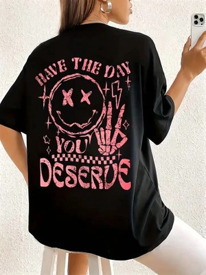 İlk El Grup Kadın Kısa Kol Yazlık Tişört Bisiklet Yaka Baskılı Oversize T-Shirt - Siyah