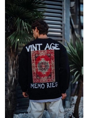İlk El Grup Erkek Bisiklet Yaka 3 Iplik Pamuklu Baskılı Sweatshirt - Siyah