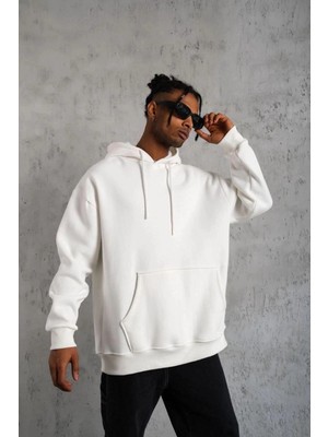 İlk El Grup Erkek 3 Iplik Pamuklu Kapüşonlu Kanguru Cepli Sweatshirt Hoodie - Beyaz