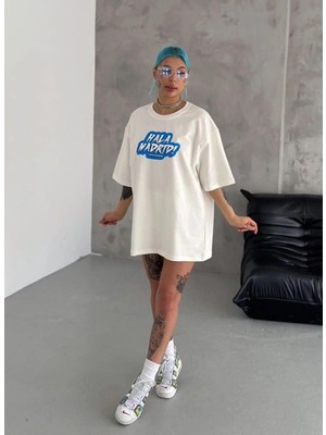 İlk El Grup Kadın Kısa Kol Yazlık Tişört Bisiklet Yaka Baskılı Oversize T-Shirt - Beyaz