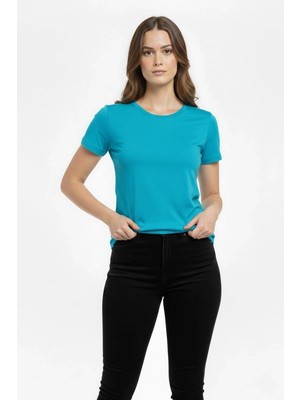 İlk El Grup Kadın T-Shirt Bisiklet Yaka Slim Fit Likralı Tişört Yazlık Basic Body - Turkuvaz