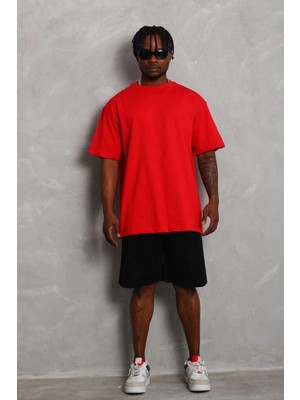 İlk El Grup Erkek Düz Yazlık Kısa Kol Tişört Bisiklet Yaka Oversize T-Shirt - Kırmızı