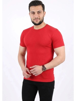 İlk El Grup Erkek Basic Tişört Bisiklet Yaka Kısa Kol Günlük Yazlık Slim Fit T-Shirt - Kırmızı