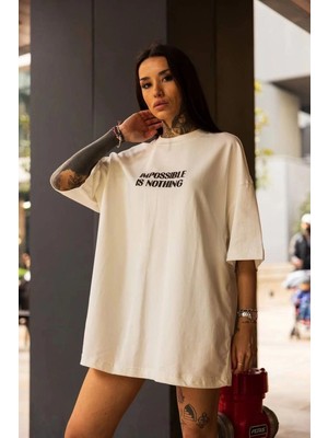 İlk El Grup Kadın Bisiklet Yaka Baskılı Oversize  Kısa Kol T-Shirt - Beyaz