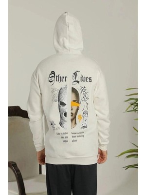 İlk El Grup Erkek 3 Iplik Pamuklu Kapüşonlu Baskılı Cepli Oversize Sweatshirt Hoodie - Beyaz