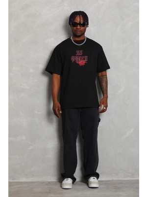 İlk El Grup Erkek Baskılı Tişört Kısa Kol Bisiklet Yaka Oversize T-Shirt - Siyah