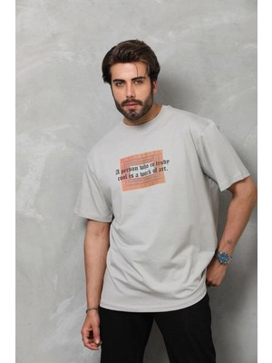 İlk El Grup Erkek Baskılı T-Shirt Kısa Kol Bisiklet Yaka Regular Fit Rahat Kalıp Tişört -  Gri