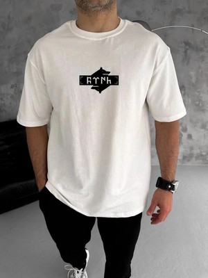 İlk El Grup Erkek Kısa Kol Yazlık Tişört Bisiklet Yaka Baskılı Oversize T-Shirt - Beyaz
