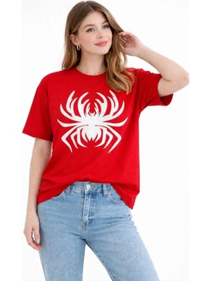 İlk El Grup Kadın Örümcek Baskılı Tişört Kısa Kollu Bisiklet Yaka T-Shirt - Kırmızı