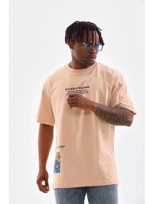 İlk El Grup Erkek  Bisiklet Yaka Baskılı Oversize T-Shirt - Bej