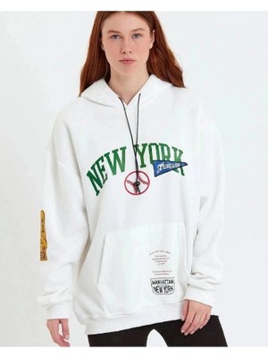 İlk El Grup Kadın Oversize Kapüşonlu Cepli Ön Kol Baskılı 3 Iplik Pamuklu Hoodie Sweatshirt - Beyaz
