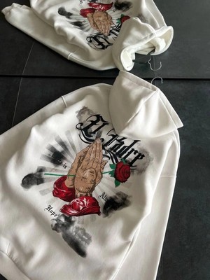 İlk El Grup Kadın Oversize Kapüşonlu Cepli Baskılı 3 Iplik Pamuklu Hoodie Sweatshirt - Beyaz