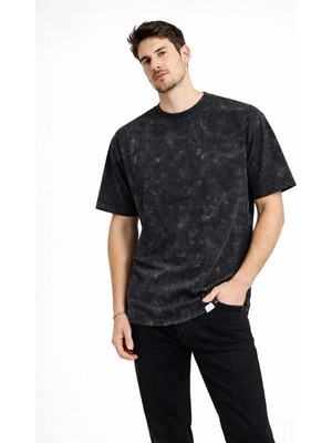 İlk El Grup Erkek Asit Yıkama Bisiklet Yaka Kısa Kollu Oversize T-Shirt Tişört - Siyah