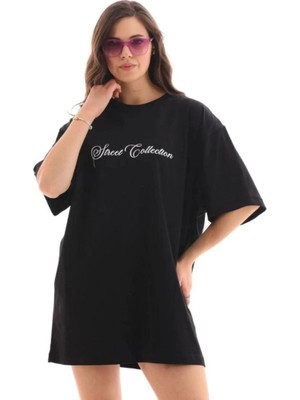 İlk El Grup Kadın Kısa Kol Yazlık Tişört Bisiklet Yaka Baskılı Oversize T-Shirt - Siyah