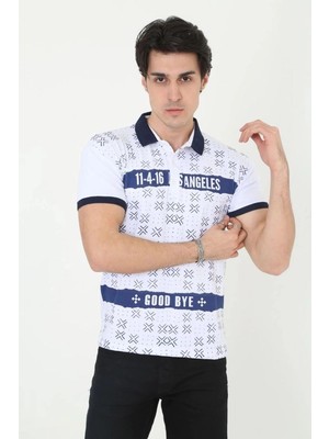 İlk El Grup Erkek Polo Yaka Tişört Slim Fit Baskılı kısa Kol T-Shirt - Beyaz