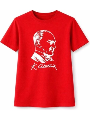 İlk El Grup Kız Çocuk Atatürk Baskılı Tişört Kısa Kollu Bisiklet Yaka T-Shirt - Kırmızı