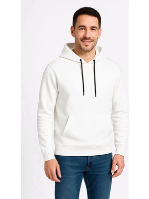 İlk El Grup Erkek 3 Iplik Pamuklu Kapüşonlu Kanguru Cepli Sweatshirt Hoodie - Beyaz