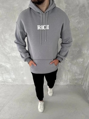 İlk El Grup Erkek 3 Iplik Pamuklu Kapüşonlu Kanguru Cepli Baskılı Oversize Hoodie Sweatshirt - Gri