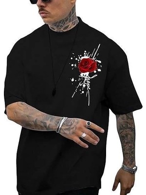 İlk El Grup Erkek Kısa Kol Yazlık Tişört Bisiklet Yaka Gül Baskılı T-Shirt - Siyah