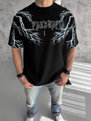 İlk El Grup Erkek Bisiklet Yaka Tişört Yıldırım Şimşek Baskılı Kısa Kol T-Shirt -Siyah