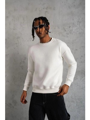 İlk El Grup Erkek Düz Bisiklet Yaka 3 Iplik Pamuklu Sweatshirt - Beyaz