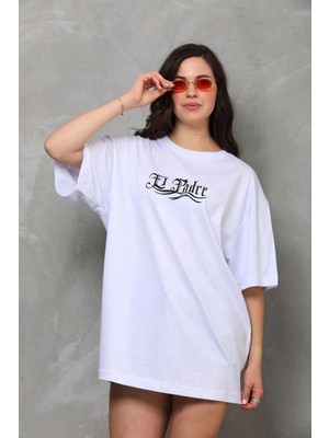İlk El Grup Kadın Kısa Kol Yazlık Tişört Bisiklet Yaka Baskılı Oversize T-Shirt - Beyaz