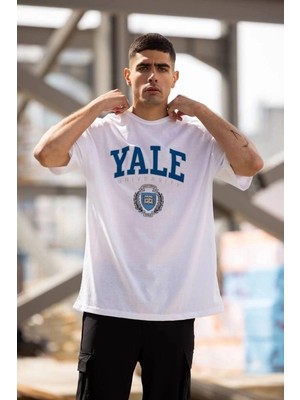İlk El Grup Erkek Kısa Kol Yazlık Tişört Bisiklet Yaka Yale Baskılı  T-Shirt - Beyaz