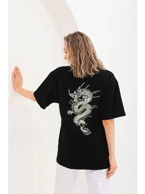 İlk El Grup Kadın Kısa Kol Yazlık Tişört Bisiklet Yaka Ejderha Baskılı T-Shirt - Siyah