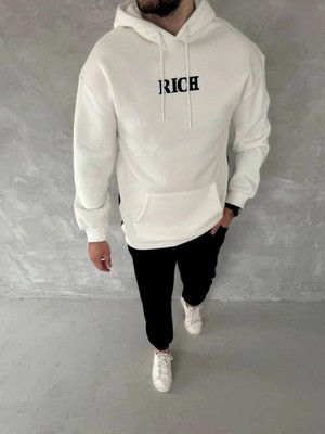 İlk El Grup Erkek Kapüşonlu Kanguru Cepli Sweatshirt 3 Iplik Pamuklu Baskılı Hoodie -  Beyaz