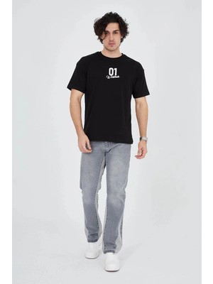 İlk El Grup Erkek Baskılı T-Shirt Kısa Kol Bisiklet Yaka Regular Fit Rahat Kalıp Günlük Tişört - Siyah