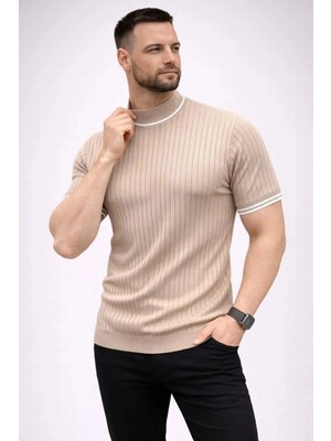 İlk El Grup Erkek Fitilli Triko Dokuma Kısa Kol Tişört Yarım Boğaz Modern Yazlık T-Shirt - Bej