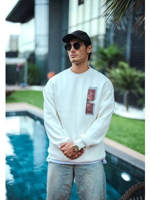 İlk El Grup Erkek 3 Iplik Pamuklu Bisiklet Yaka Ön ve Arka Baskılı Sweatshirt - Beyaz