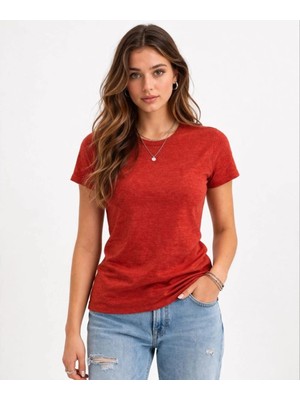 İlk El Grup Kadın Flam Kumaş Melanj Dokulu Regular Fit Tişört Bisiklet Yaka Yazlık T-Shirt - Kiremit