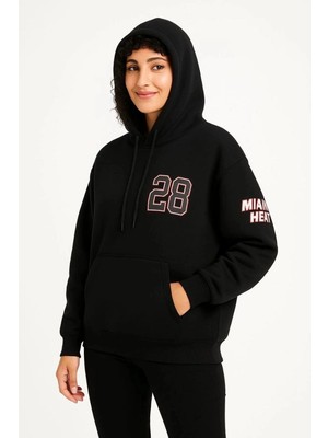 İlk El Grup Kadın 3 Iplik Pamuklu Kapüşonlu Kanguru Cepli Baskılı Hoodie Sweatshirt - Siyah