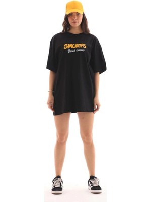 İlk El Grup Kadın Kısa Kol Yazlık Tişört Bisiklet Yaka Baskılı Oversize T-Shirt - Siyah