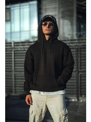İlk El Grup Erkek 3 Iplik Pamuklu Kapüşonlu Basic Sweatshirt Hoodie - Siyah