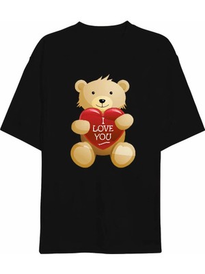 İlk El Grup 14 Şubat Sevgililer Günü I Love You Ayı Baskılı Oversize Bisiklet Yaka T-Shirt - Siyah