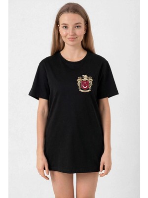 İlk El Grup Türk Arma Baskılı Oversize Bisiklet Yaka Günlük T-Shirt - Siyah