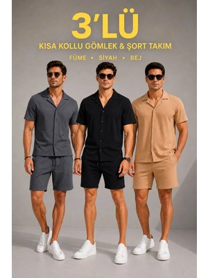 İlk El Grup Erkek 3’lü Krep Kumaş Cepli Gömlek Şort Takım Kısa Kollu Bağcıklı - Füme, Siyah , Bej