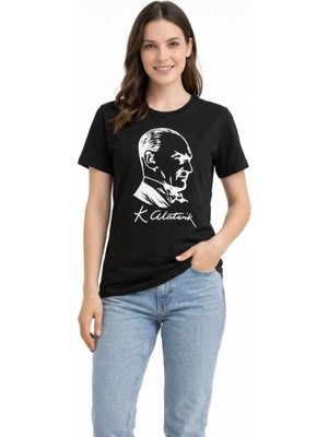 İlk El Grup Kadın Atatürk Baskılı Tişört Kısa Kollu Bisiklet Yaka T-Shirt - Siyah