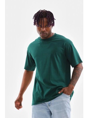 İlk El Grup Erkek Düz Yazlık Kısa Kol Tişort Bisiklet Yaka Oversize T-Shirt - Koyu Yeşil