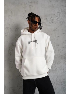 İlk El Grup Erkek 3 Iplik Pamuklu Baskılı Kapüşonlu Cepli Sweatshirt Hoodie - Beyaz