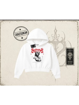 Tarzsokak Unisex Sadness Kadın Crop Kapşonlu Sweatshirt Beyaz