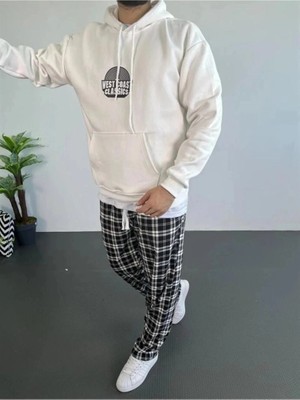 İlk El Grup Erkek Kapüşonlu Kanguru Cepli Sweatshirt 3 Iplik Pamuklu Baskılı Hoodie - Beyaz