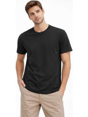 İlk El Grup Erkek Bisiklet Yaka Yazlık Kısa Kol Düz Tişört Regular Kalıp T-Shirt - Siyah