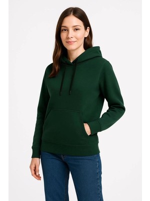 İlk El Grup Kadın 3 Iplik Pamuklu Kapüşonlu Kanguru Cepli Sweatshirt Hoodie - Haki